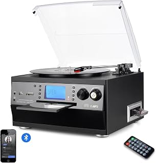 FEKTIK 10-in-1 Bluetooth Turntable with Built-in Speaker, Vinyl Record Player CD Cassette and FM Radio Combo, AUX in USB MP3 Recording Headphone Jack Compact Stereo System for Home