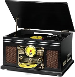 FEKTIK Bluetooth Record Player 10 in 1,FEKTIK 3-Speed Turntable for Vinyl with Speakers, LP to MP3 Converter, CD, Cassette Player, FM Radio, Wireless Streaming | Black