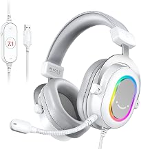 FIFINE USB Gaming Headset, PC Headphones Wired with Microphone for Computer/Laptop, Over-Ear RGB Headset with 7.1 Surround Sound, Noise Cancellation for Streaming Video Game- AmpliGame H6 (White)