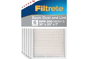 Filtrete 16x20x1 Air Filter MERV 5, 6-Pack AC Furnace HVAC, MPR 300 Basic Dust Defense, Pleated Electrostatic, Removes Lint