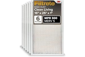 Filtrete 16x25x1 Air Filter MERV 5, 6-Pack AC Furnace HVAC, MPR 300 Basic Dust Defense, Pleated Electrostatic, Removes Lint