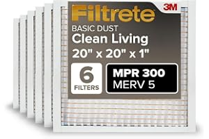 Filtrete 20x20x1 Air Filter MERV 5, 6-Pack AC Furnace HVAC, MPR 300 Basic Dust Defense, Pleated Electrostatic, Removes Lint