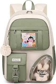 FIUAIE School Backpack for Teen Girls Bookbag: Cute 15.6 Inch Backpacks for Kids Middle High School BookBags Durable Laptop BackPack for Women Student Casual Daypack for Travel Beige Light Green