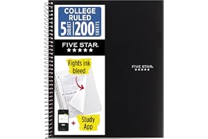 Five Star Spiral Notebook + Study App, 5 Subject, College Ruled Paper, 8-1/2" x 11", 200 Sheets, Fights Ink Bleed, Water Resistant Cover, Black (72081)