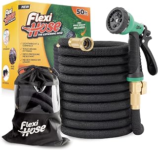Flexi Hose Plus Expandable Garden Hose with 8 Function Nozzle, 50FT - Lightweight Retractable Garden Hose, Water Hose - No-Kink Flexibility, 3/4 Inch Solid Brass Fittings Includes Hook & Bag