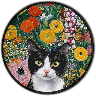 Floral Tuxedo Cat Round Mouse Pad with Stitched Edge Non-Slip, Colorful Garden Black and White Cat Mouse Mat for Computer Laptop Home Office Desk Accessories 8.6x8.6 in