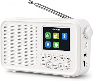 FM Radio with Bluetooth, NOAA Weather Band, 2.4" Color Screen, Rechargeable Portable Radio, Dual Alarms, microSD Playback, USB-C Charging, Headphone Jack for Home, Bedroom, Office & Travel