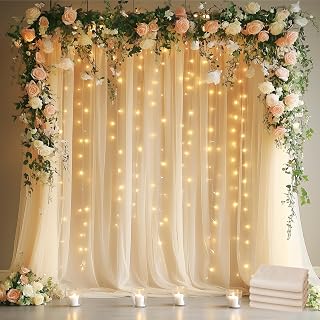 Fomcet Tulle Curtains with Lights String Champagne 20FT X 8FT Sheer Backdrop Curtains for Parties Wedding Baby Shower Photo Shoot Decorations (4 Panels 5x8FT)
