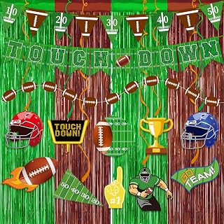 Football Party Decorations 25Pcs Brown Green Football Curtains Pre-Assembled Banner Hanging Swirl Spirals for Football Game Day Sunday Night Photo Booth Backdrops Theme Birthday Party Supplies Decors