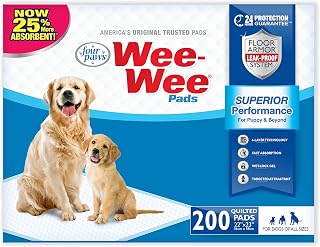 Four Paws Wee-Wee Superior Performance Dog Pee Pads, 200 Count | Quilted leak-proof puppy pads, dog housebreaking & potty training, 24-hour floor protection, pet supplies, 22" x 23"