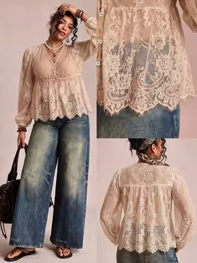 Freevana Plus pc Floral Lace Sheer Lantern Sleeve Top Fall $2.83 Flash Sale