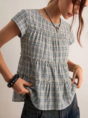 Freevana Women's Plaid Round Neck Cap Sleeve Frill Trim Casual Blouse Picnic Blue Plaid Plaid Summer Back-To-School Picnic Brunch  #PlaidPatterns