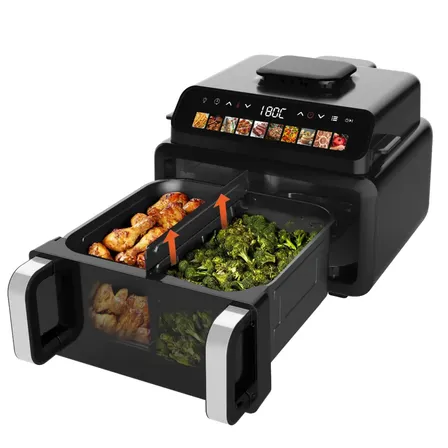 Freidora De Aire Sin Aceite Pantalla Digital Unnic Air Fryer Con Parrilla Grill Doble Compartimiento Pizza Pollo Grande 11 Litros Con 10 Programas Preestablecidos 2100 W Saludable R&aacute;pida Negro