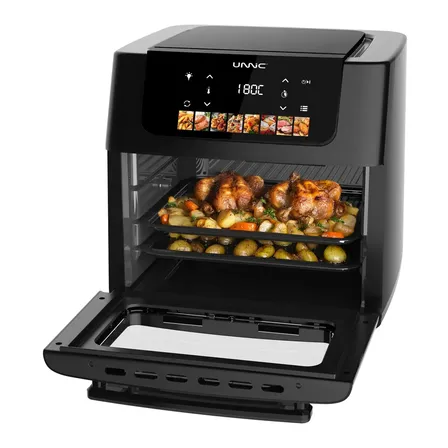 Freidora De Aire Unnic Horno Air Fryer 16 Litros Grande Pantalla Digital 8 Programas Preestablecidos Dos Bandejas Multinivel Pollo Spiedo Cocina Saludable Cocci&oacute;n Simult&aacute;nea Hogar Familia Color Negro
