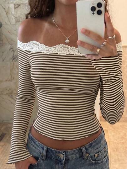 French Sexy Style Striped Asymmetrical Shoulder Top Women Lace Trim Slim Fit Long Sleeve T-Shirt European American Style Slimming Base Layer Brown Striped Lace Short Top Long Sleeve Slim Fit Knit T-Shirt Women Casual Outing YK Fashion Elegant Top $8.60