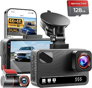 Front 4K + Rear 4K Dual Dash Cam Front and Rear，Free 128GB Card | Dual-Channel Recording, 5.8G Wi-Fi, GPS, Starlight Night Vision, 3" IPS Screen, Collision Sensor, 24H Parking Mode（Black）