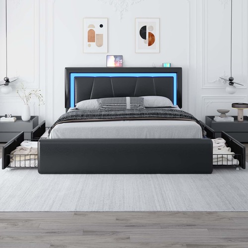 Full/Queen Bed Frame with  Upholstered LED Headboard＆4 Storage Drawer, Charging