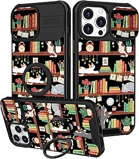 Funermei for iPhone 13 Pro Max Case - Women Girls Cute Phone Cover Girly Pretty Aesthetic Cat and Books Unique Design with Camera Cover Funda for Apple for iPhone 13 Pro Max