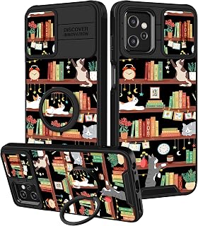 Funermei for Moto G Power 5G 2023 Case - Women Girls Cute Phone Cover Girly Pretty Aesthetic Cat and Books Unique Design with Camera Cover and Ring Stand Funda for Motorola G Stylus 5G 2023