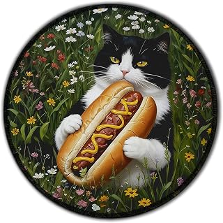Funny Hotdog Tuxedo Cat Round Mouse Pad with Stitched Edge Non-Slip, Vintage Whimsical Black and White Cat Wildflower Mouse Mat for Computer Laptop Home Office Desk Accessories 8.6x8.6 in