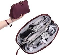 FYY Travel Cable Organizer - 8 Compartments, Lightweight, Water Repellent | With Wrist Strap, Portable Tech Pouch for Cord Charger, Travel and Business Trips Use, Soft Shell Nylon, Wine Red (Medium)
