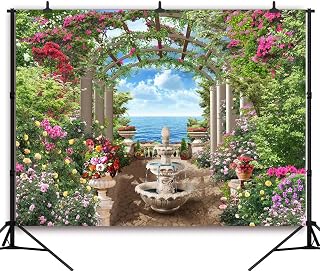 Garden Balcony Flowers Backdrop 7x5FT Romantic Arches Photography Background Mountain Sea Landscape Wedding Birthday Party Decorations Banner