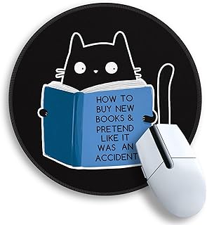 Gctriki Black Cat Book Mouse Pad, Small Mouse Pads for Desk Decor, 8.6 in | Non-Slip, Stitched Edge, Round Mouse Mat for Computer Laptop Travel, Cute Home Office Desk Accessories Supplies Women Gifts