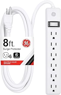 GE 6-Outlet Power Strip, 8 Ft Extension Cord, Heavy Duty Plug, Grounded, Integrated Circuit Breaker, 3-Prong, Wall Mount, ETL Listed, White, 67122