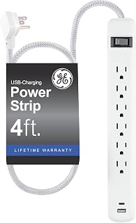 GE 6-Outlet Power Strip with USB, 1 USB-A & 1 USB-C Port, 4ft Braided Extension Cord, Circuit Breaker, Wall Mountable, ETL Certified, White, 85706