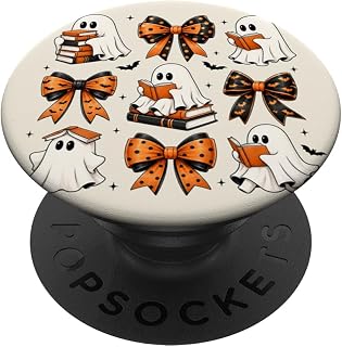 Ghost Reading Book Bow Bat Coquette Bookish Fall Halloween PopSockets Adhesive PopGrip