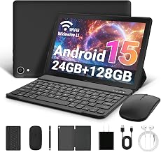 Gleeso Tablet 10 Inch Android 15, 2 in 1 Tablet with Keyboard, 24GB RAM+128GB ROM+1TB Expand, Octa Core, 5000mAh, WiFi 6, BT5.4, 8MP+5MP Dual Camera, Type-C Fast Charging-Black