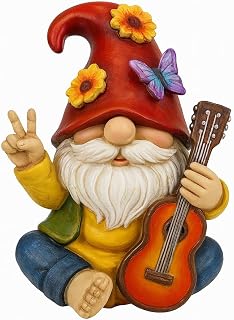 GoGnome Peace Sign Garden Gnome Figurine Outdoor Statue, Funny Guitar Playing Dwarf Rock Music Decor - 6&lsquo;&rsquo; Resin Lawn Ornament, Unique Housewarming Gift for Music Lovers & Gardeners (Red)