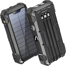 GOODaaa Solar Power Bank 24000mAh, Portable Charger with 4 Built-in Cables, 15W Fast Charging 5 Outputs 2 Inputs Battery Pack, Thermometer & SOS Flashlight for iPhone 17/16, Samsung, All Cell Phones