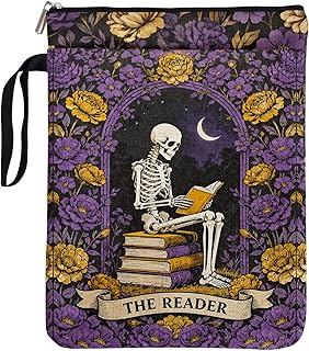 Gothic Skull Book Sleeve Pouch for Women Book Lovers, Halloween Gifts for Reader Writer, Tarot Book Covers for Paperbacks with Handle, Reading Accessories for Student