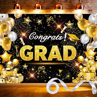 Graduation Banner Class of 2026 Black and Gold Graduation Backdrop 7x5ft Polyester Grad Banner Grad Photo Background for Prom Party Supplies with Ribbon