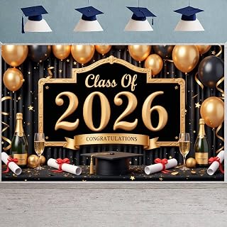 Graduation Decorations Black Gold Class of 2026 Grad Backdrop Banner Grad Cap Diploma 6x3.6ft Grad Background Photo Prop for College High School Graduation Ceremony Indoor Outdoor Party Supplies