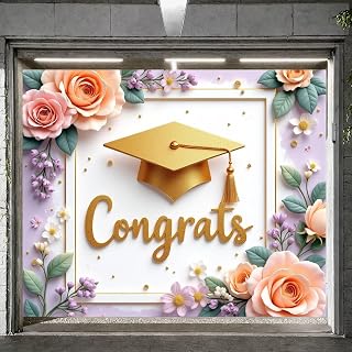 Graduation Garage Door Banner Decoration 2026 3D Floral Gold Graduation Cap Backdrop for Garage Door Waterproof Outdoor Graduation Party Supplies, Class of 2026 Photo Booth Props Background 8 x 6.56ft