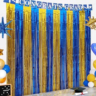 Graduation Party Decoration 2 Pack 3.2x6.6 ft Blue Gold Metallic Tinsel Foil Fringe Streamers Curtain Photo Booth Background for Graduation Prom Wedding Birthday Party Decorations