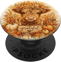 Grateful Highland Cow Fall Pumpkin Harvest Watercolor Art PopSockets Adhesive PopGrip