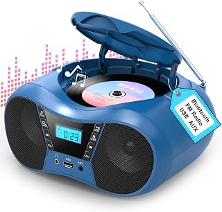 Greadio Portable Bluetooth CD Player Boombox with FM Radio for Home Use | Compact, Stereo Sound, Ease of Use, CD/CD-R/RW, AC & Battery Power, USB & AUX Input Playback, Timer & Repeat (Blue