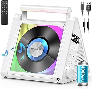 Greadio Portable CD Player with Bluetooth & RGB Ambient Lights for Desktop | 4000mAh Rechargeable, Simple Controls, Supports CD/MP3/WMA, FM Radio, USB, AUX, Optical Output for music lovers, Gift (White