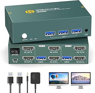 Greathek HDMI KVM Switch 2 Monitors 2 Computers, 4K 60Hz Dual Monitor Switch with 3 USB 3.0 Ports, EDID, Wired Remote, Extended and Mirror Display for Home Office