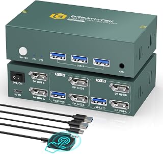 GREATHTEK 8K@60Hz DisplayPort KVM Switch 2 Monitors 2 Computers | USB3.0 2 Port KVM Switch EDID Supported