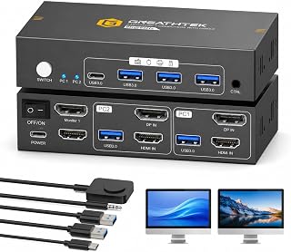 GREATHTEK 8K@60HZ HDMI Displayport KVM Switch 2 Monitors 2 Computers | With 4 USB 3.0 Ports |For 2 PC/Laptops Share Mouse Keyboard and 2 Screens|EDID Adapative|Wired Controller