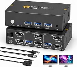 GREATHTEK 8K@60Hz HDMI KVM Switch 2 Monitors 2 Computers, 4K 240Hz Dual Monitor Switch with 3 USB 3.0 Ports, EDID, Wired Remote, Extended and Mirror Display