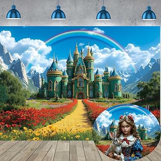 Green Castle Yellow Brick Road Backdrop 7x5FT Rainbow Floral Castle Gold Brick Road Photography Background Baby Shower Princess Party Decorations Supplies