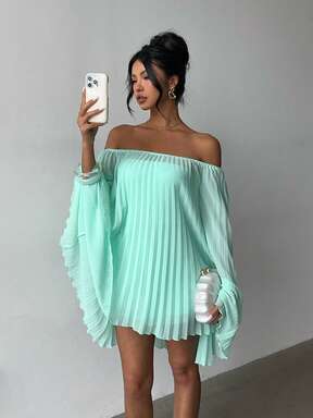 Green Casual Off-Shoulder Chiffon Pleated Mini Dress & Strapless Romper Two Pieces Set Elegant  #SummerElegant