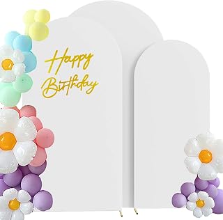 HAINARverS Set of 3 Stretchy Arch Backdrop Covers 6/6.6/7.2FT, Spandex with Glitter Gold Happy Birthday Sign for Wedding Birthday Party Ceremony Banquet Decoration White