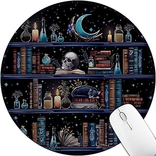 Hancynir Book Skull Funny Round Mouse Pad, Small Mousepad for Office Desk | Mouse Mat for Computer, Non-Slip Rubber Base, Office Desk Decor, Gifts for Work Coworker Teacher, 8.6 Inch, Stitched Edges