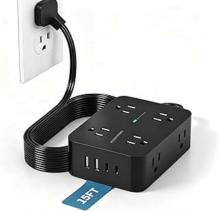 HANYCONY Surge Protector Power Strip 15 Ft, Flat Plug Extension Cord with 8 Outlets and 4 USB Ports(2 USB C), Wall Mount Outlet Extender Charging Station for Home Office Desk Essentials, Black